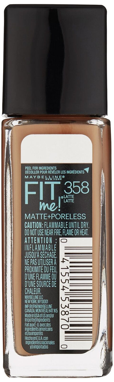 Maybelline Fit Me Matte + Poreless Liquid Oil-Free Foundation Makeup, Latte, 1 Count (Packaging May Vary)